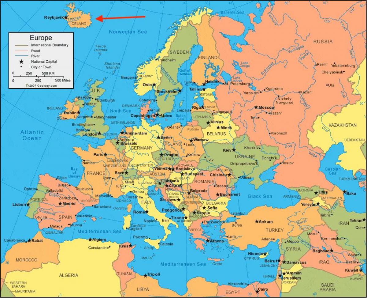 Położenie Islandii na mapie Europy Północnej