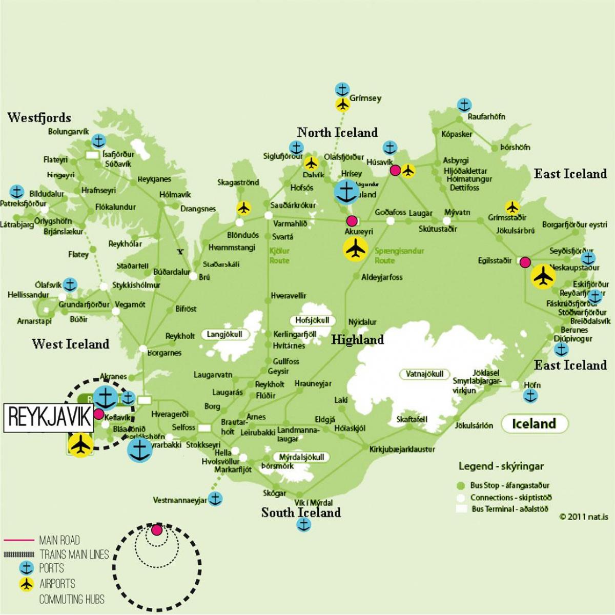 Mapa portów lotniczych Islandii